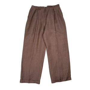Vintage Ann Taylor Pleated Cuffed Wide Leg Linen Pants Womens 16 Chocolate Brown